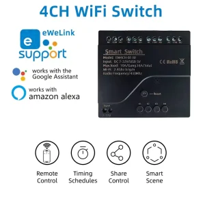 4-Channel WiFi Smart Switch AC85-250V 10A WiFi and BLE Dual-Mode Garage Bar USB/Battery Circuit Breaker with App and Voice Control