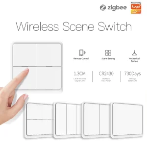 4-Gang Zigbee Wireless 12-Scene Switch with Mechanical Push Buttons and Battery Power