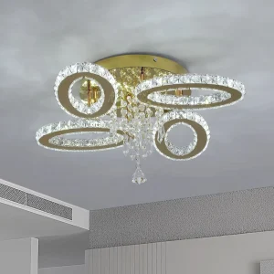 4-Ring Stainless Steel Crystal LED Ceiling Lamp 6000K for Apartment Living Room