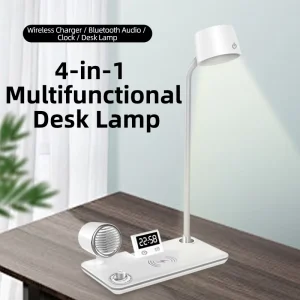 4 in 1 Modern LED Desk Lamp with Fast Wireless Charger Touch Control Alarm Clock Dimmable Nightstand Reading Light for Home