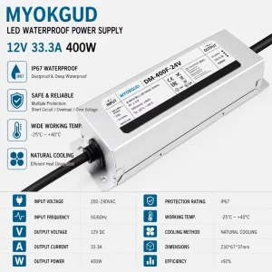 400W 12V 33.3A Waterproof IP67 LED Driver AC 200 240V to DC 12V Fully Potted Switching Power Supply for Outdoor LED Lighting