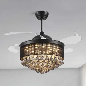 42 Inch Crystal LED Ceiling Fan Lamp Light Retractable Chandelier for Living Room with Remote Control Switch