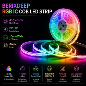 432 LEDs/m RGB IC COB LED Strip SPI Flexible LED Tape DC12V 2811 10mm PCB IP20 5m/Roll RA90