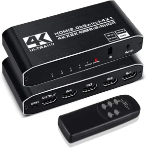 4K HDMI 4-Port Switcher, 4 Inputs to 1 Output, HDMI 2.0b, HDCP 2.2, Remote Control, and Automatic Switching