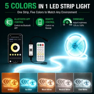 5-in-1 LED Strip Light Kit 10m/roll Bluetooth App Remote Control Dimmable Color Changing