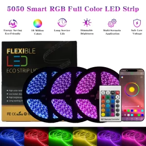 5050 RGB LED Strip Light 12V 24V with App, Wi-Fi, and Remote Control Custom Length