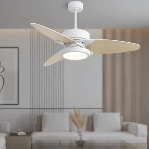 52 Inch LED Smart Ceiling Fan with Lighting, Plywood Construction, White Finish, Remote Control, Indoor Use