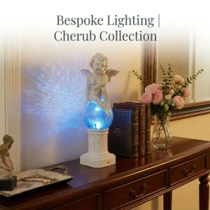 52cm Cordless Rechargeable LED Table Resin Cherub Angel Design Ripple Glass Blue Shade Portable Bedside Ambient Night Light Home
