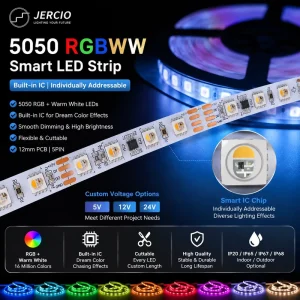 5M 5050 RGBWW 5-in-1 LED Strip Light, 120 LEDs/m, Tunable White RGB Flexible Tape, 12V, for Under Cabinet and TV Backlighting