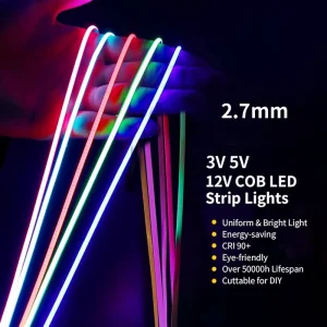 5V COB 2.7mm 3mm Ultra-Thin Multicolor LED Strip Light, 12V Smart Flex Tape, High CRI, CE