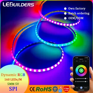 5V COB RGB LED Strip Light, 160 LEDs/m, 5mm, Digital IC Addressable, Car Lighting