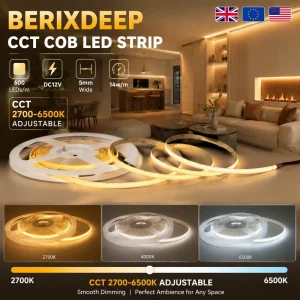 600 LEDs/m DC12V 5mm Dual-Color COB LED Strip, CRI92+, Dimmable, IP20, Flexible Dotless Tape Light