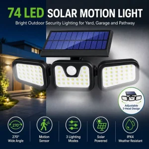 74-LED Solar PIR Motion Sensor Wall Light, 3 Adjustable Heads, 270° Wide Angle, IPX4, 3 Modes