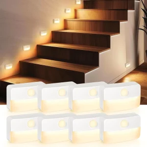8-Pack Wireless Stick-On Motion Sensor LED Night Lights, Battery Operated, for Stairs, Closets, Hallways, Bedrooms, and Cabinets