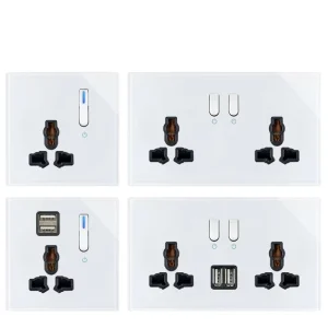 86 Wall-Mounted Double-Pole 3-Way Reset Light Switch Socket Tempered Glass 13A USB 2-Outlet 250V UK