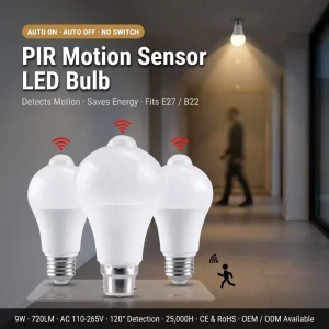 9W PIR Motion Sensor LED Bulb E27/B22 720lm A19 AC110-265V Auto On/Off Security Light