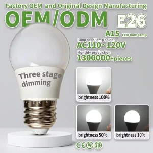 A15 LED Bulb E26 AC110-120V Three-Stage Dimming PC Lampshade Plastic-Coated Aluminum Lamp Cup Ra80