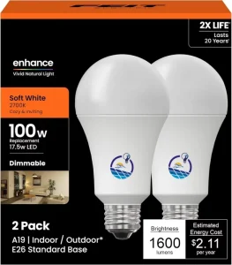 A19 LED Bulb 100W Equivalent Dimmable E26 2700K Soft White 1600LM CRI90 Long Life 2 Pack