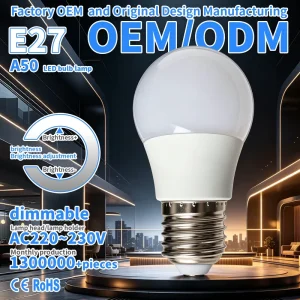 A50 LED Bulb E27 AC220 240V Controllable Silicon Dimming PC Lampshade Plastic-Coated Aluminum Lamp Cup Ra80