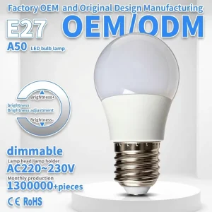 A50 LED Bulb E27 AC220-240V Controllable Silicon Dimming PC Lampshade Plastic-Coated Aluminum Lamp Cup Ra80