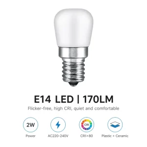 AC220 240V 2W 170LM Ra>80 IC Driver Flicker Free Plastic Ceramic LED Bulb E14 Base Residential Use CE Certified 2 Year Warranty