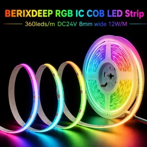 Addressable Dream Color 24V RGB IC COB LED Strip 360LEDs M 12W Programmable Pixel Flexible Tape for Smart Home Gaming Room Bar