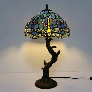 Adjustable Flexible LED Table Lamp with Stained Glass Dragonfly Shade Antique Tree Base AC Powered