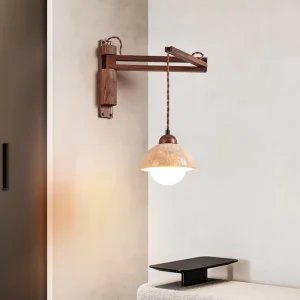 Adjustable Travertine Stone Midcentury LED Wall Sconce with Swing Arm and Glass Globe for Bedroom Reading Nook