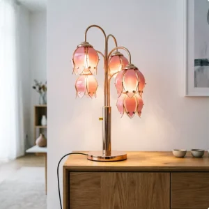 Aesthetic Modern Flexible DC Pink Tulip Floral E26 LED Table Lamp Luxury Gold Frame Multi Light Glass Shade Romantic Bedroom
