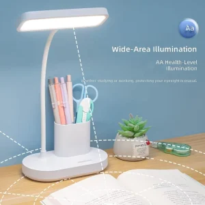 All in One LED Desk Lamp with Pen & Phone Holder USB Rechargeable Study Lamp 3 Color Light with Brightness Adjustment