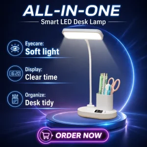 All in One LED Desk Lamp with Pen and Phone Holder DC Power Touch Control Study Lamp 3 Color Light Brightness Adjustment