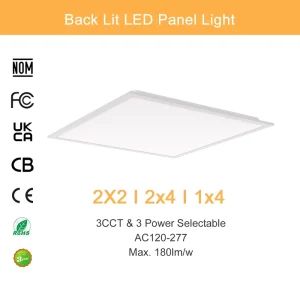Aluminum IP44 Backlit Square 2×2 LED Ceiling Panel Light with Emergency Sensor and Optical Lens
