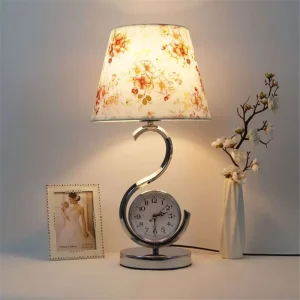 American Retro Floral Table Lamp with Clock Decorative Desk Light