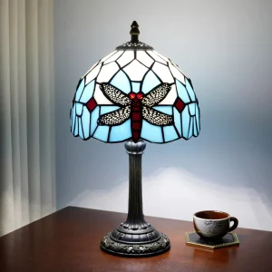 American Retro Tiffany-Colored Glass Desk Lamp Modern Blue Dragonfly Table Lamp for Living Room Restaurant Bedside Coffee