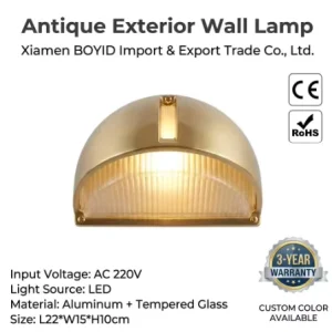 Antique Exterior Wall Lamps Aluminum Garden Mounted Lantern Waterproof Tempered Glass Outdoor Gold Warm LED