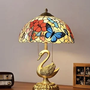 Antique Stained Glass Desk Clock Butterfly Pink Baroque Tiffany Style Tea Light Lamp Rechargeable Shades Door Exterior Kitchen