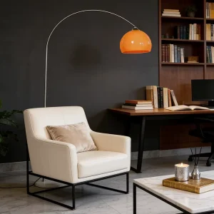 Arc Floor Lamp Orange Glass Shade Stainless Steel Curved Standing Lamp for Living Room Reading Corner