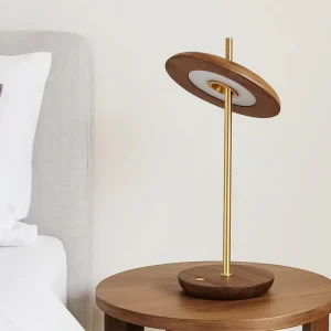 Artistic Dark Walnut Wooden Rechargeable Table Lamp Disc Shaped Touch Dimmable Table Night Light for Restaurant