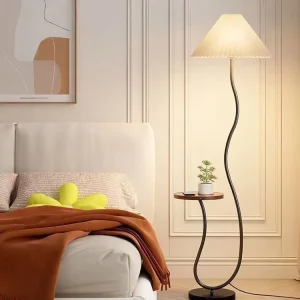 Asian Style LED Floor Lamp with Shelf and Side Table Vintage Art Standing Lamp for Living Room Bedroom Sofa