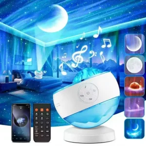 Aurora Galaxy LED Music Projector Night Light, 16 Colors, Full Moon and Saturn, White Noise