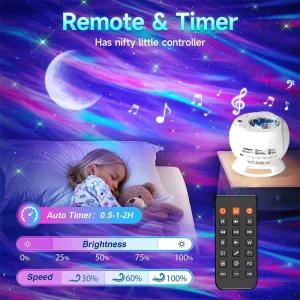 Aurora Star Projector with BT Speaker USB Rechargeable Dynamic Water Ripple & Moonlight Night Light for Kid Bedroom