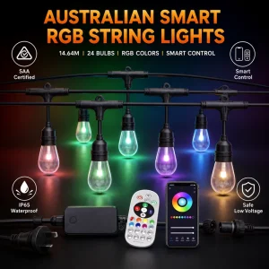 Australian Standard RGB Smart LED String Lights 48FT 24 Bulbs IP65 APP Control Color Changing Patio Lights