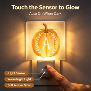 Autumn Pumpkin Monogram LED Night Light with Dusk-to-Dawn Sensor Plug-in Fall Decor Lamp