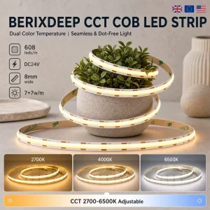 BERIXDEEP 608 LEDs M 8mm Wide 12V COB LED Strip Dual Color Cuttable CRI92+ Flexible Dotless Tape Light for Interior Decoration