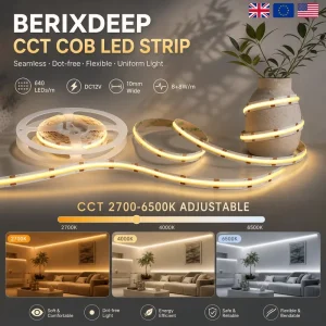 BERIXDEEP 640 LEDs M 10mm Wide 12V COB LED Strip Dual Color Cuttable CRI92+ Self adhesive IP20 Dotless Tape Light for Decoration