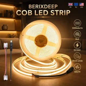 BERIXDEEP COB LED Strip Roll 320 Leds m 8mm Wide DC24V Dimmable Dotless Strip Light Flexible IP20 Led Light for Indoor Lighting
