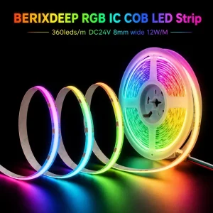 BERIXDEEP RGB IC 360leds m 8mm 24V COB LED Strip Smart Adjustable Magic Color Dynamic Flexible App Control for DIY Light Design