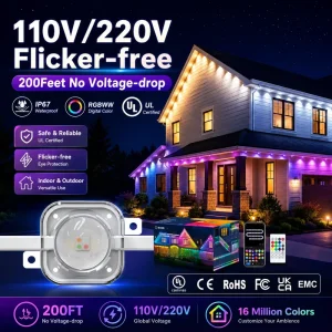 BOND Permanent Outdoor Lights 200FT 110V 220V RGBWW LED Pixel Point Eaves Light IP67 Smart APP Christmas Gemstone House Lighting