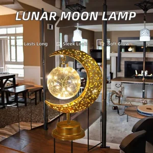 Battery-Powered LED Warm White Copper Rattan Moon Crescent Night Light for Eid and Ramadan Decoration