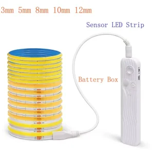 Battery-Powered Motion Sensor COB LED Light Strip, 3mm/5mm/8mm PCB Width, for Cabinets, Wardrobes, Kitchens, Stairs, and Outdoor Use